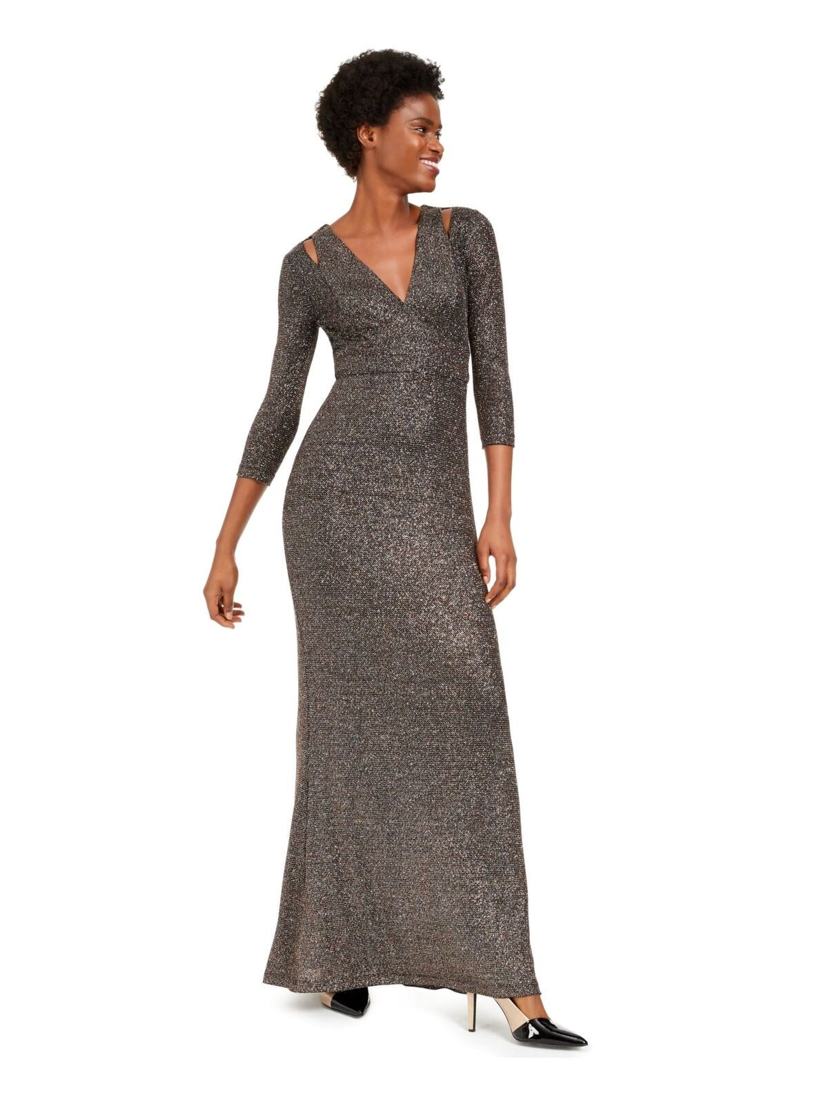 Vestido formal Calvin Klein feminino com manga 3/4 e comprimento total, preto, tamanho 10