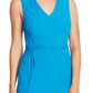 Vestido de festa midi com zíper e cinto, sem mangas, decote em V, azul, tamanho 4, Vince Camuto