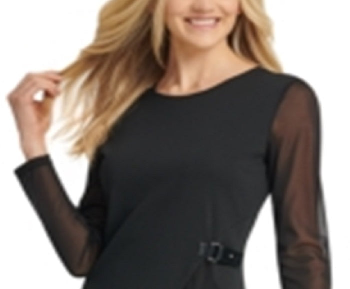 Vestido feminino DKNY com bainha assimétrica e manga transparente, preto, tamanho grande