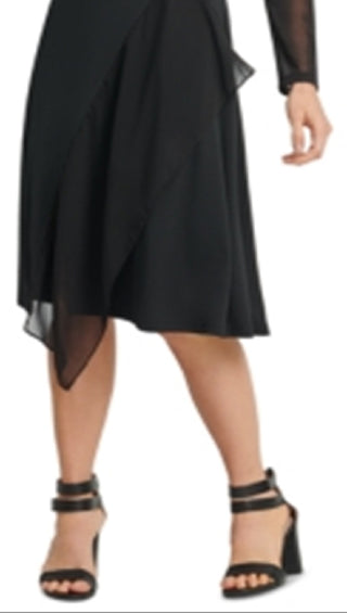 Vestido feminino DKNY com bainha assimétrica e manga transparente, preto, tamanho grande