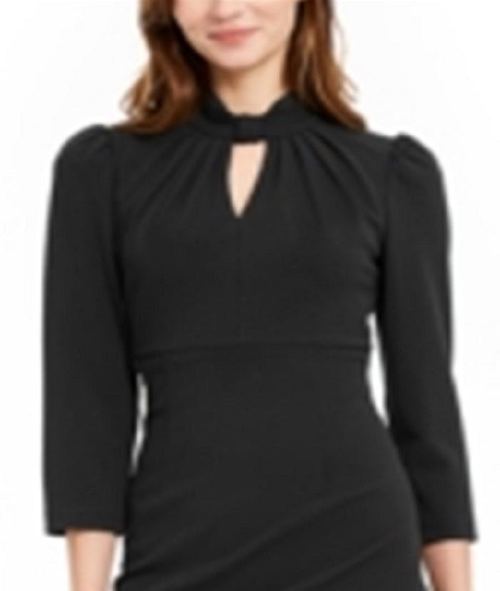 Vestido de coquetel Calvin Klein feminino com zíper e manga 3/4, decote em V e bainha acima do joelho, preto, tamanho 2