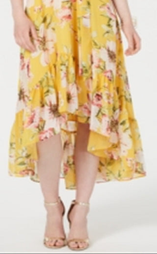 Vestido longo feminino Vince Camuto com babados florais, alto e baixo, amarelo, tamanho 14