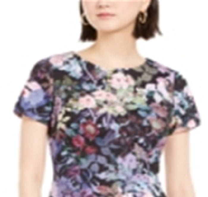 Vestido de festa feminino Adrianna Papell com zíper floral, manga curta, gola redonda, acima do joelho, preto, tamanho 12