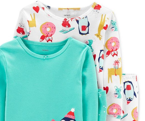 Conjunto de pijama Carter's Girl's Sleep Bottoms com estampa de pinguim menta, dois pares, azul, tamanho 2T
