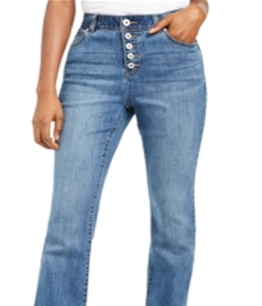 Calça jeans feminina de cintura alta com botões e corte bootcut da INC International Concepts, azul, tamanho 6