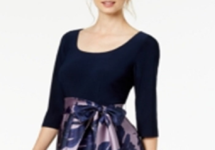 Vestido de festa feminino R &amp; M Richards com decote redondo floral abaixo do joelho, tamanho 14, azul
