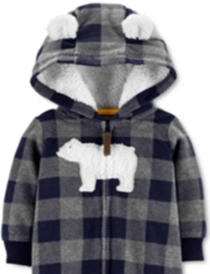Macacão Carter's Boy's Plaid Buffalo Check com orelhas de urso polar e capuz de lã cinza, tamanho 3MOS