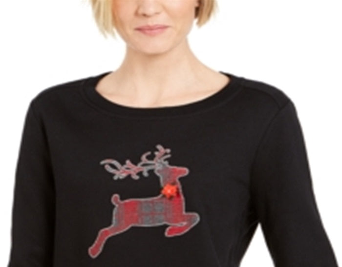 Camiseta feminina Karen Scott estampada, manga comprida, gola redonda, preta, tamanho X-S