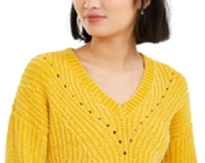Suéter curto feminino Bar III com decote em V e ilhós, amarelo, tamanho grande