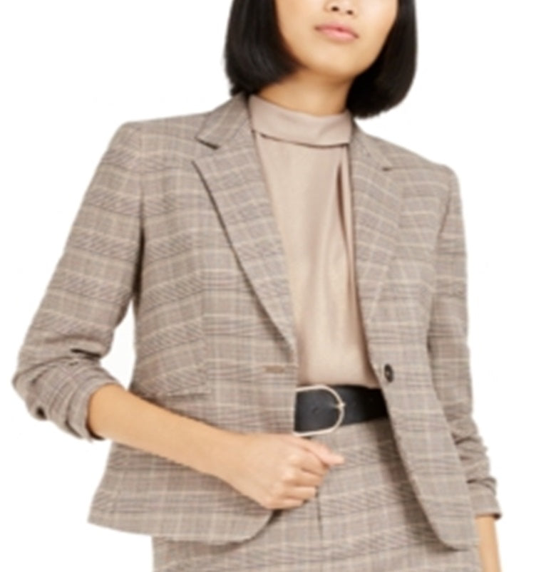 Blazer xadrez feminino Bar III com um botão, marrom, tamanho 2