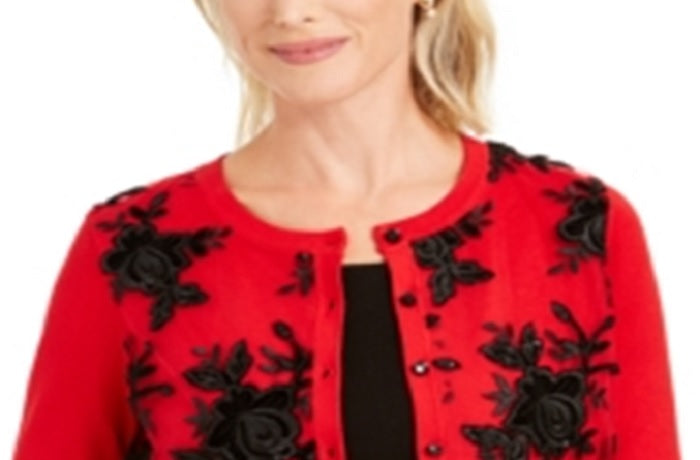 Suéter feminino com botões e lantejoulas Charter Club, vermelho, tamanho pequeno