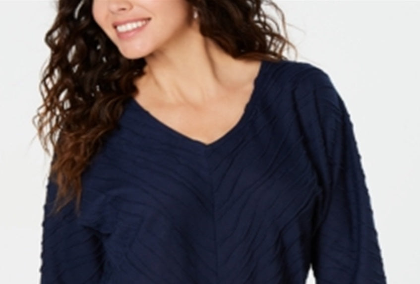 JM Collection Blusa feminina texturizada com manga dolman, azul, tamanho médio