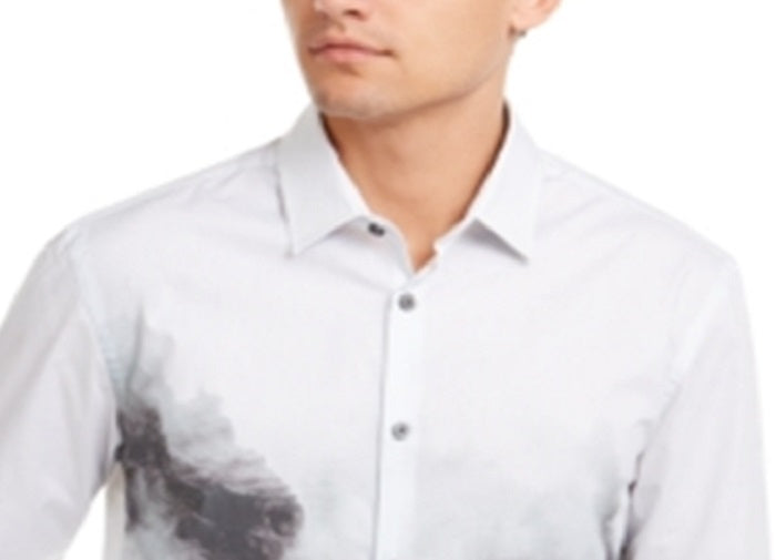 Camisa casual masculina Alfani com botões frontais e manga comprida, cinza, tamanho pequeno