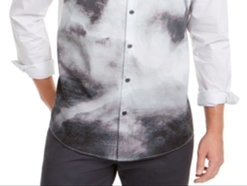 Camisa casual masculina Alfani com botões frontais e manga comprida, cinza, tamanho pequeno