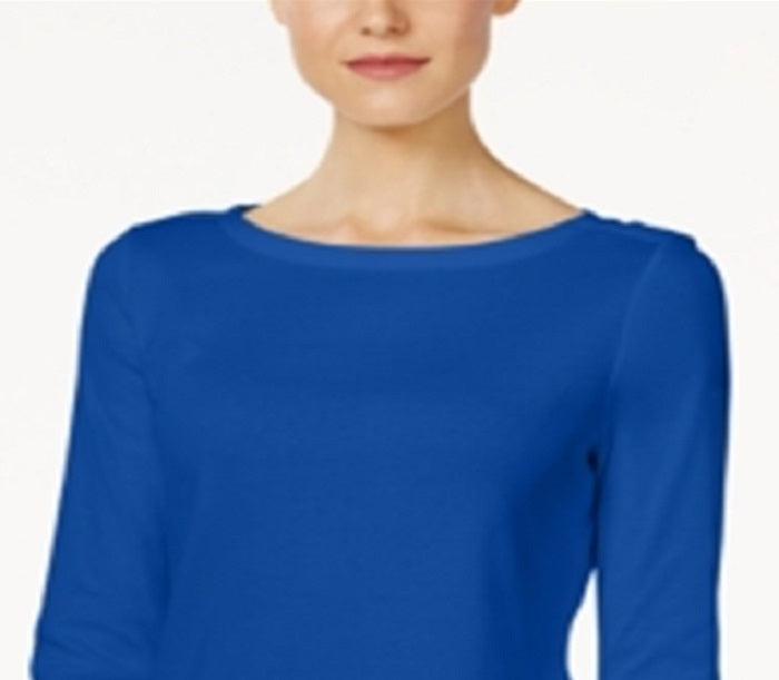 Charter Club Top feminino de algodão Pima com decote canoa e botões, azul, tamanho 2XL