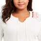 Blusa feminina estilo &amp; co plus size de algodão bordado com gola amarrada, branco fresco, tamanho 0X