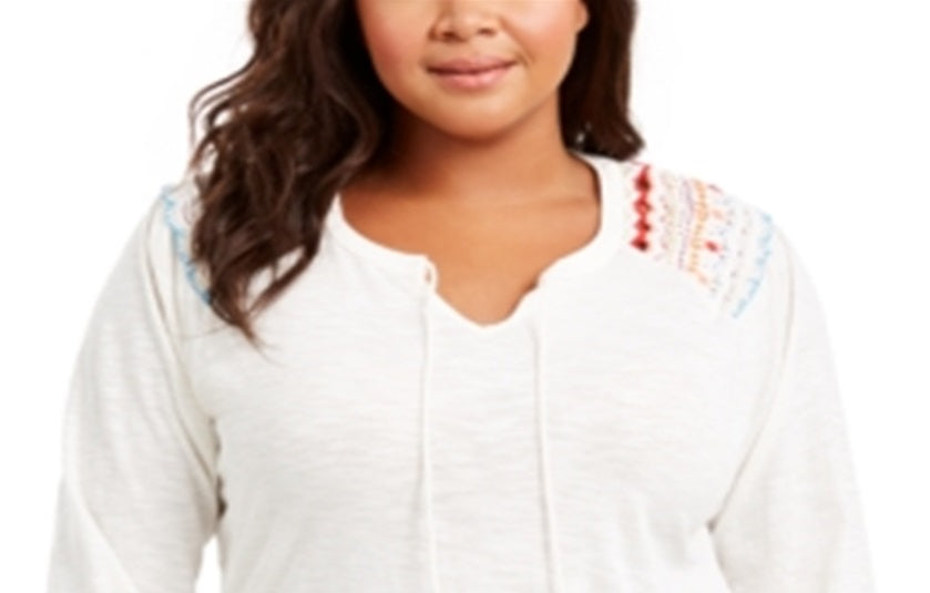 Blusa feminina estilo &amp; co plus size de algodão bordado com gola amarrada, branco fresco, tamanho 0X