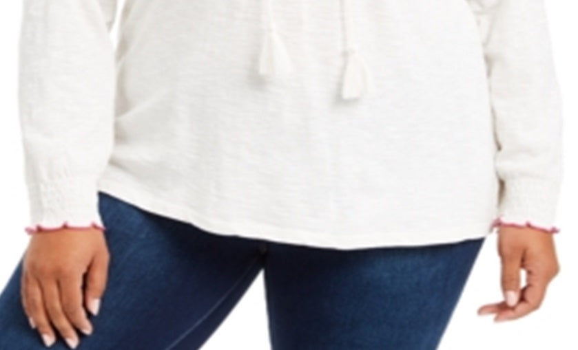 Blusa feminina estilo &amp; co plus size de algodão bordado com gola amarrada, branco fresco, tamanho 0X