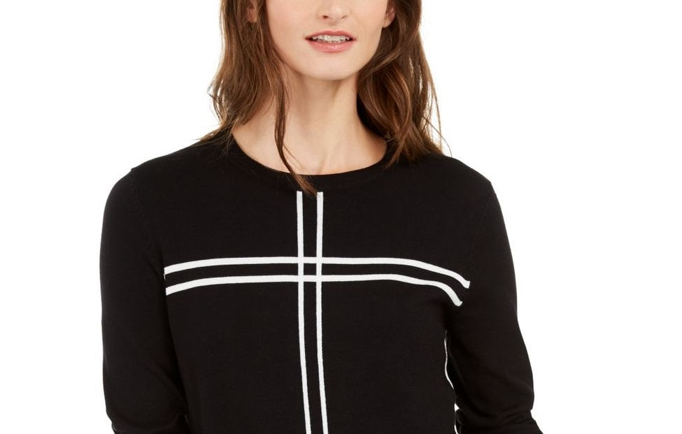 Alfani Suéter Feminino com Estampa de Grade, Manga Longa e Gola Redonda, Preto, Tamanho Pequeno
