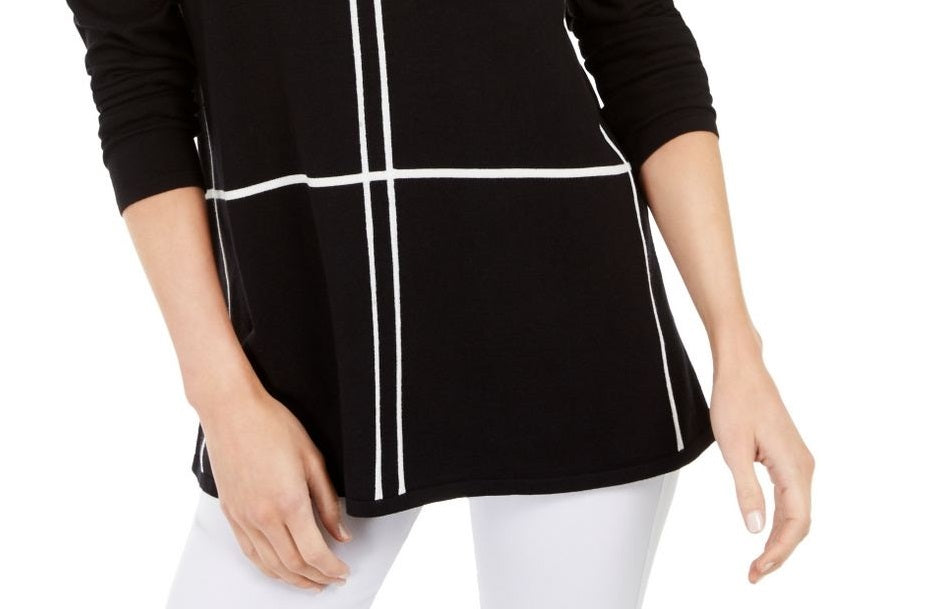 Alfani Suéter Feminino com Estampa de Grade, Manga Longa e Gola Redonda, Preto, Tamanho Pequeno