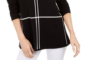 Alfani Suéter Feminino com Estampa de Grade, Manga Longa e Gola Redonda, Preto, Tamanho Pequeno