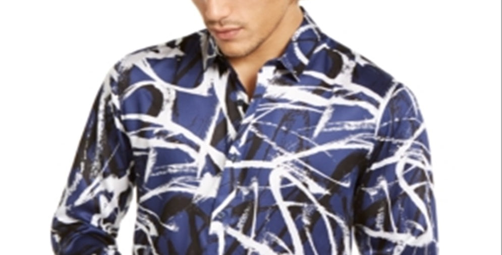 Camisa masculina de cetim estampada com botões da INC International Concepts, azul, tamanho 2XB