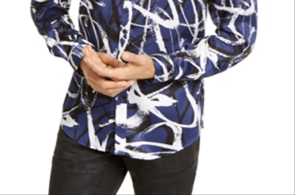 Camisa masculina de cetim estampada com botões da INC International Concepts, azul, tamanho 2XB