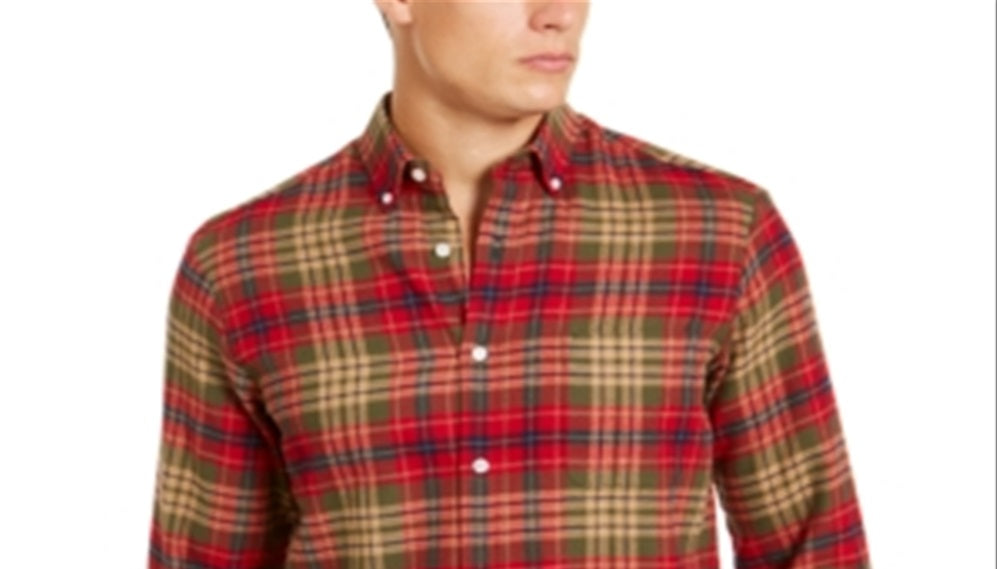 Camisa casual de flanela com botões clássicos xadrez Club Room masculina, tamanho pequeno, verde