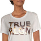 Camiseta feminina True Religion com logotipo gráfico embelezado, branca, tamanho G