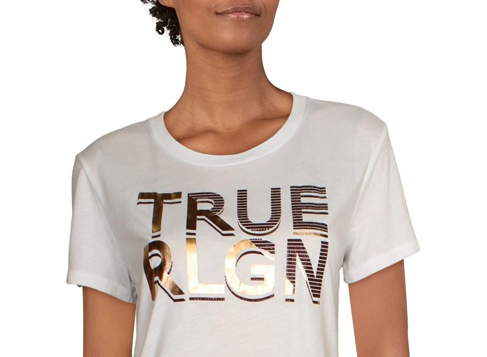 Camiseta feminina True Religion com logotipo gráfico embelezado, branca, tamanho G