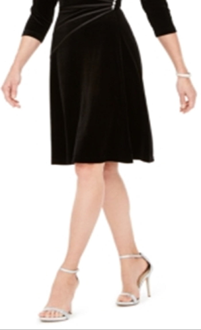 Vestido de festa feminino Connected Apparel com decote em V, manga 3/4, comprimento até o joelho, preto, tamanho 10