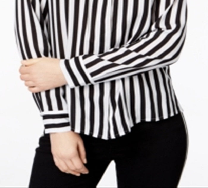 Camisa listrada feminina com botões INC International Concepts, preta, tamanho X-G