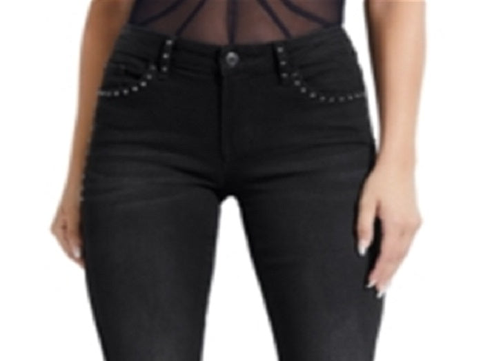 Calça jeans skinny Guess Selah Studded Curve feminina, preta, tamanho 30