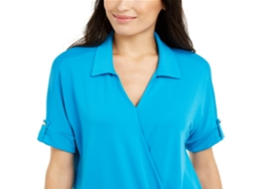 Blusa de malha com gola Alfani feminina, azul turquesa selvagem, tamanho pequeno, extrapequeno