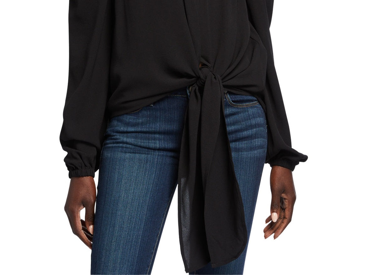 Blusa feminina Michael Kors com amarração frontal e ombro caído, preta, tamanho médio