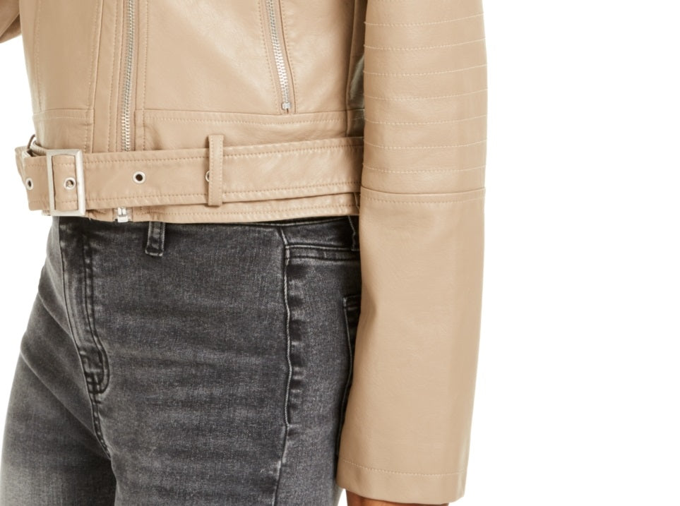 Jaqueta de couro sintético com cinto da coleção B Junior, tamanho pequeno, bege