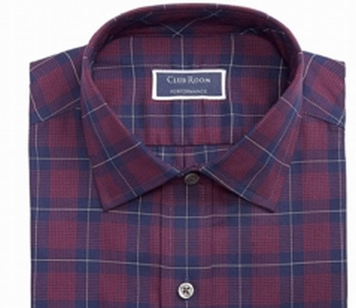 Camisa social masculina Club Room Classic Regular Fit em sarja elástica xadrez pied-de-poule, vermelha, tamanho 15 x 32 x 33