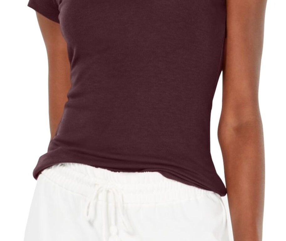 INC Camiseta feminina de manga curta com decote em V, cor vinho, tamanho pequeno