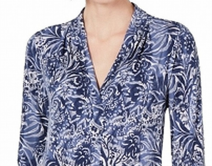 Blusa feminina Charter Club com decote em V e manga 3/4, azul, tamanho pequeno