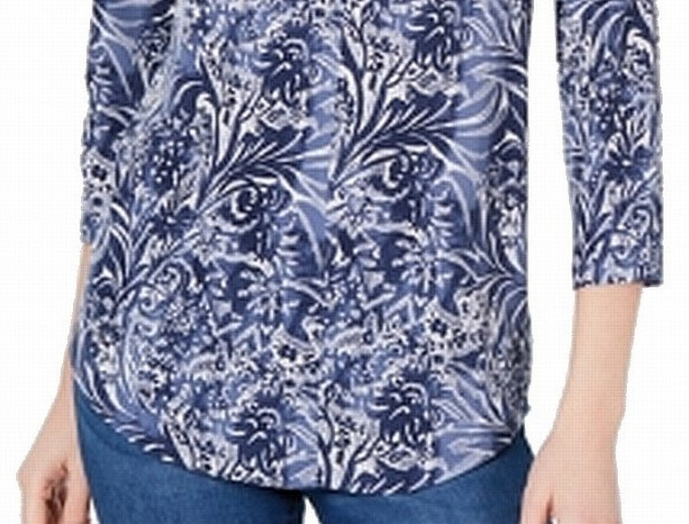 Blusa feminina Charter Club com decote em V e manga 3/4, azul, tamanho pequeno
