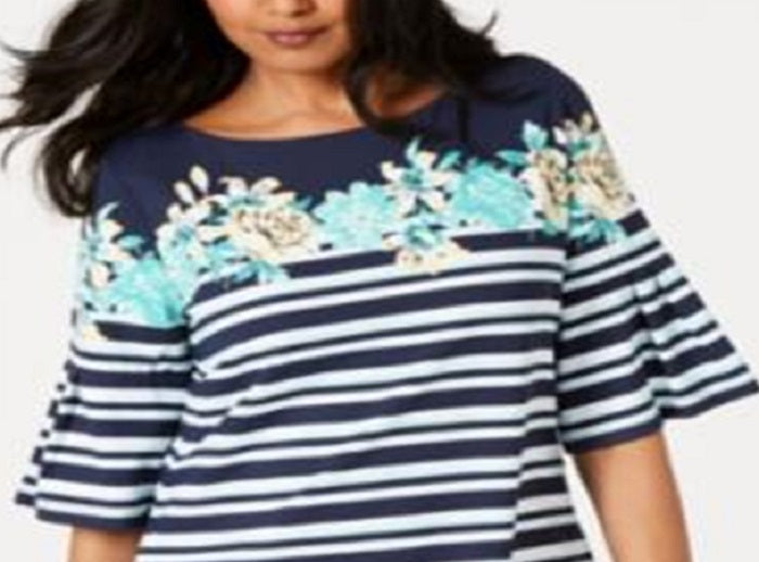 Charter Club Blusa feminina listrada tropical com manga sino, azul, tamanho XS