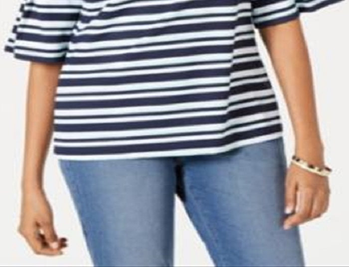 Charter Club Blusa feminina listrada tropical com manga sino, azul, tamanho XS
