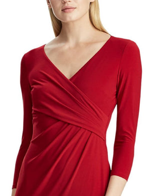 Vestido longo feminino Lauren Ralph Lauren com decote em V e manga comprida, acima do joelho, estilo coquetel, tamanho 10 P, vermelho