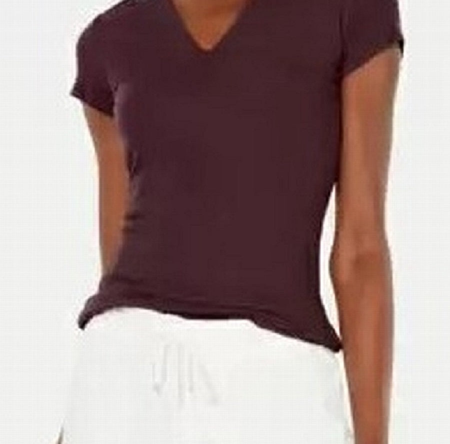Camisa feminina INC, decote em V, canelada, manga curta, roxa, tamanho grande