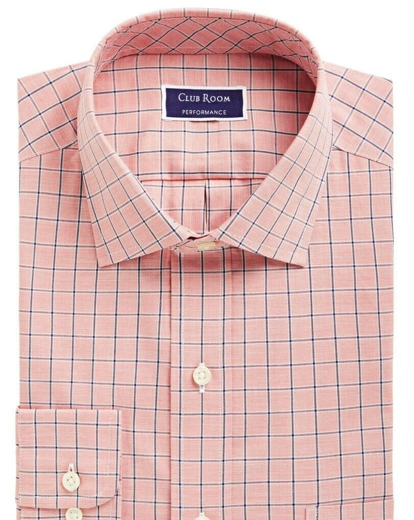 Camisa social masculina Club Room Classic/Regular Fit Performance Windowpane Laranja Tamanho 34-35