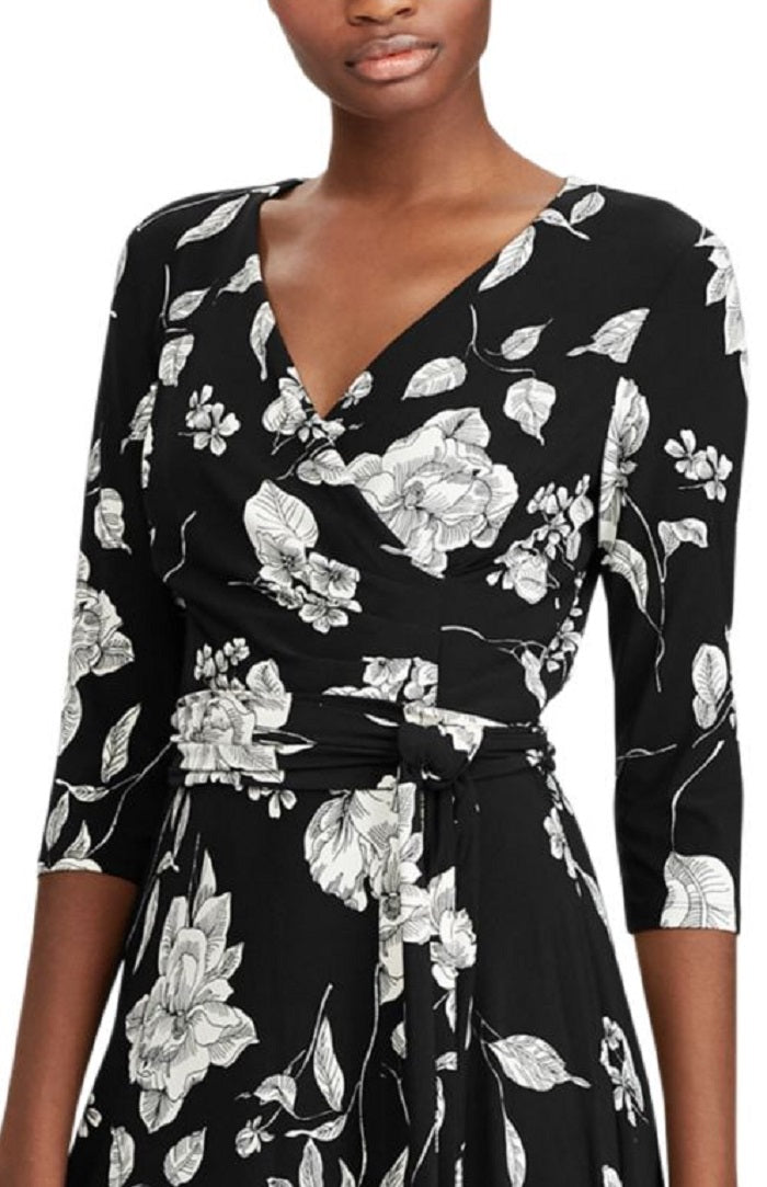 Vestido Ralph Lauren Feminino com Cinto Floral, Manga 3/4, Decote em V Abaixo do Joelho, Tamanho 0P