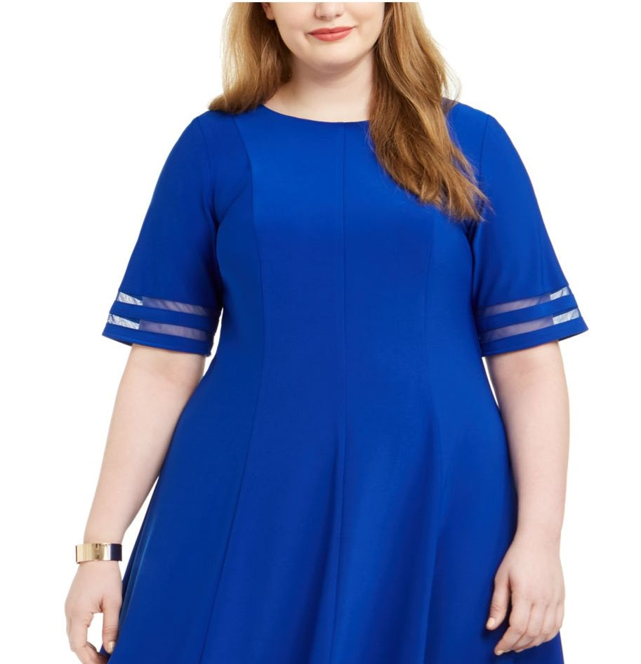 Vestido feminino plus size Jessica Howard Illusion-Detail Fit &amp; Flare Azul Tamanho 18W