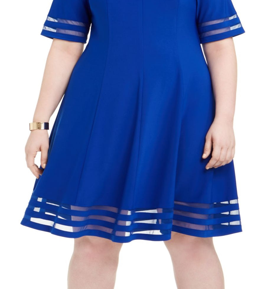 Vestido feminino plus size Jessica Howard Illusion-Detail Fit &amp; Flare Azul Tamanho 18W