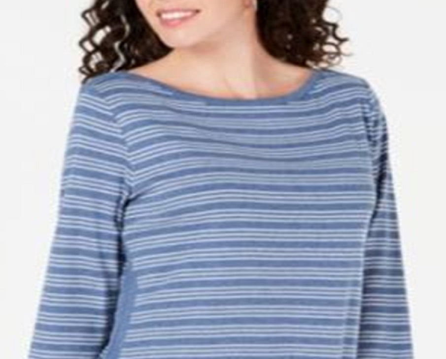 Blusa feminina Karen Scott de algodão listrada com bainha ventilada, azul, tamanho X-S