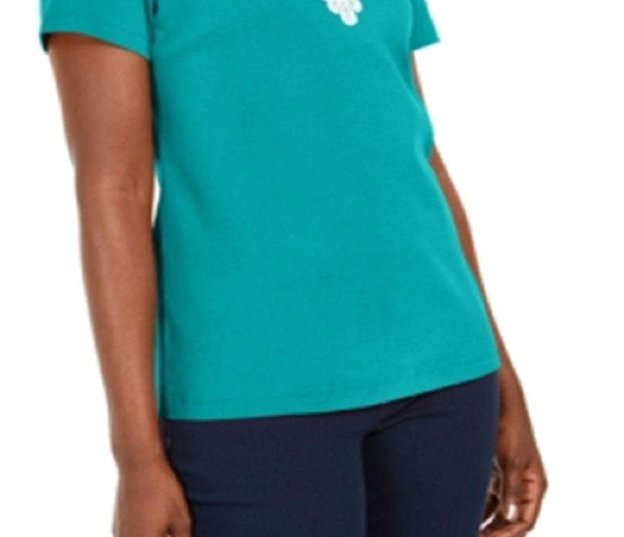 Blusa feminina Karen Scott com decote dividido e acabamento em crochê, azul, tamanho médio